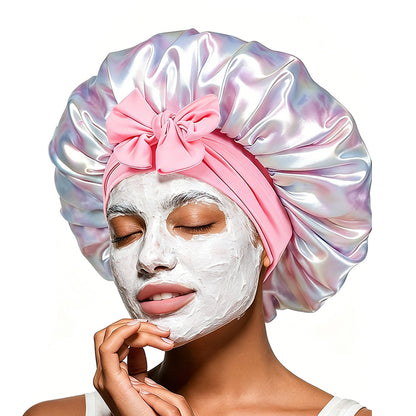 Satin Sleep Bonnet Hair Wrap for Women Adjustable Bow Print Silk Like Night Cap-Style3