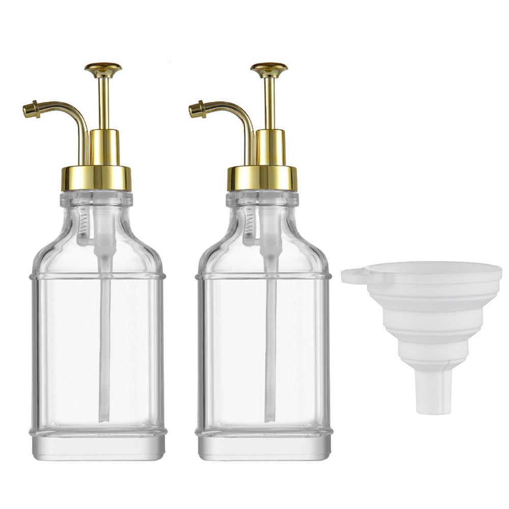 2 Pack 500ml Square Glass Syrup Soap Dispenser Bottles with Funnel - Gold