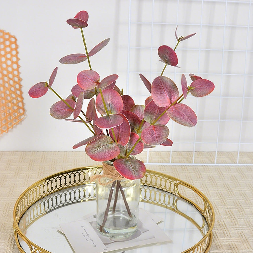 Realistic Artificial Eucalyptus Plant 3-Branch Faux Water Decorative Leaves-red