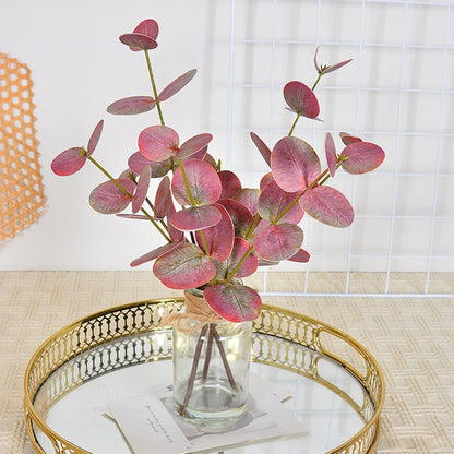 Realistic Artificial Eucalyptus Plant 3-Branch Faux Water Decorative Leaves-red