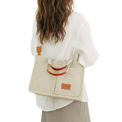 Canvas Tote Bag with Laptop Compartment Multi-Pocket Crossbody for Women Beige