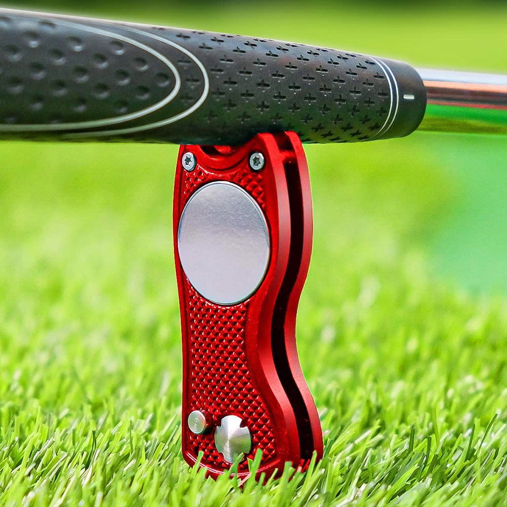 2PCS Magnetized Golf Divot Repair Tool with Pop-up Fork and Ball Marker Red