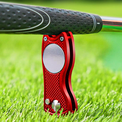 2PCS Magnetized Golf Divot Repair Tool with Pop-up Fork and Ball Marker Red