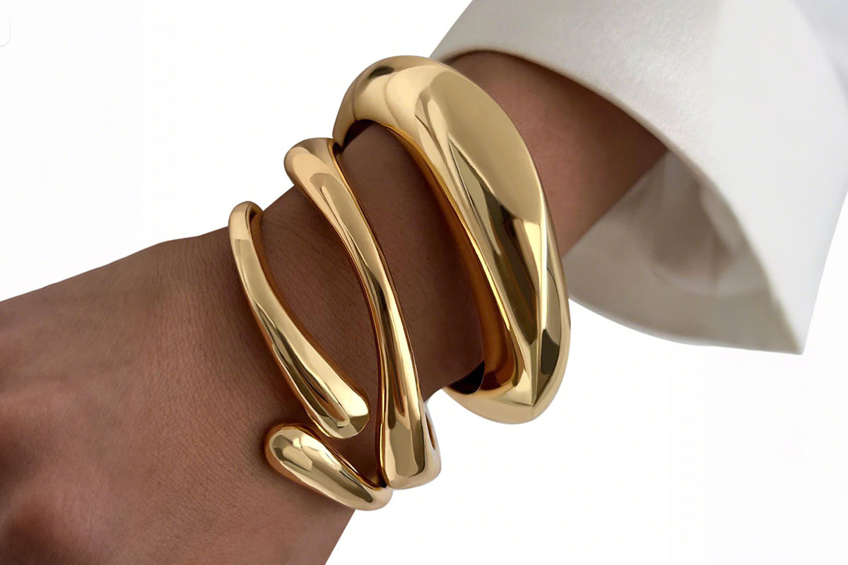 3Pcs Chunky Gold Bangle Bracelets Wide Wrist Cuff Stackable Jewelry Gift-Gold