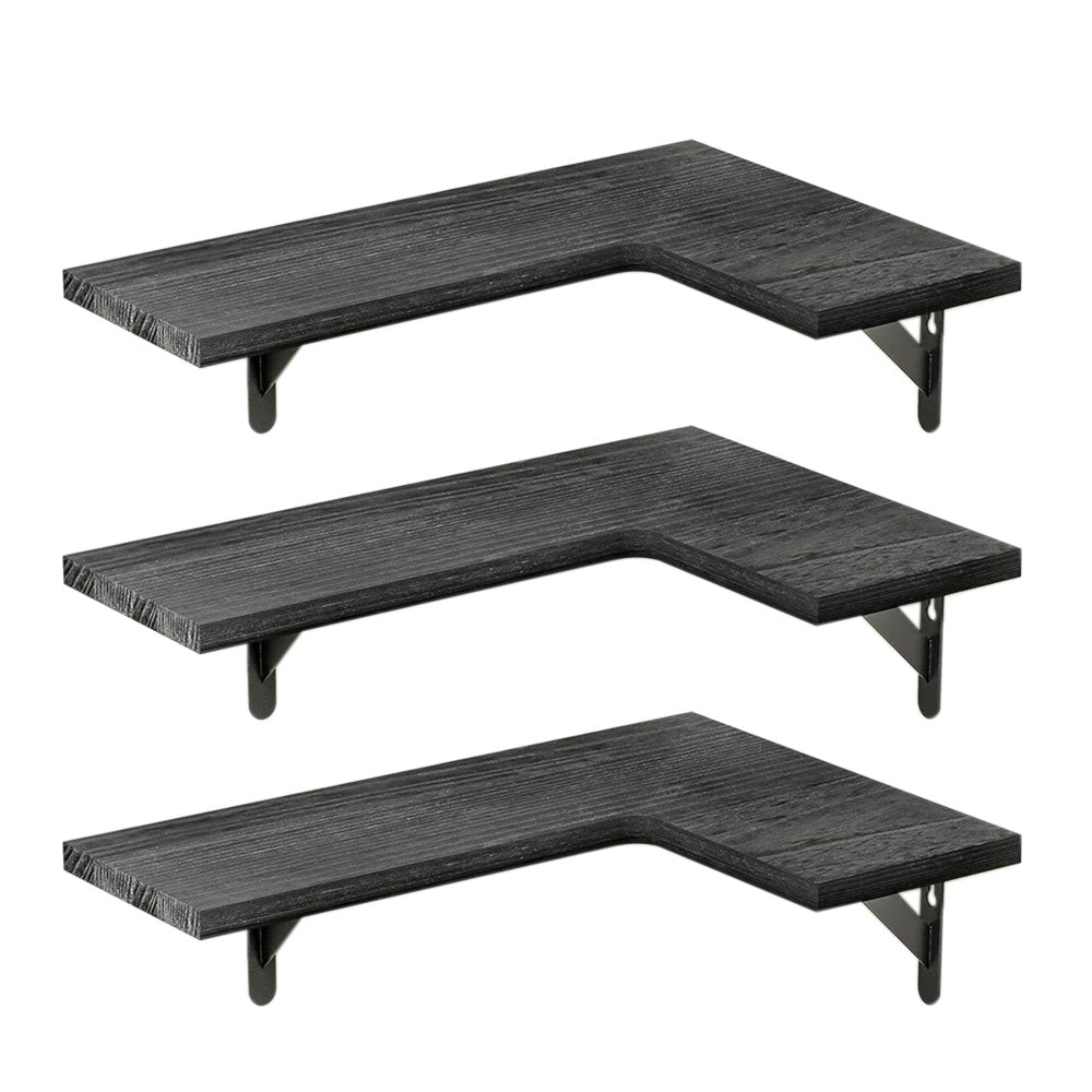Corner Floating Shelves Set of 3 Wall Mounted Rustic Wood Storage Display Shelves-Black