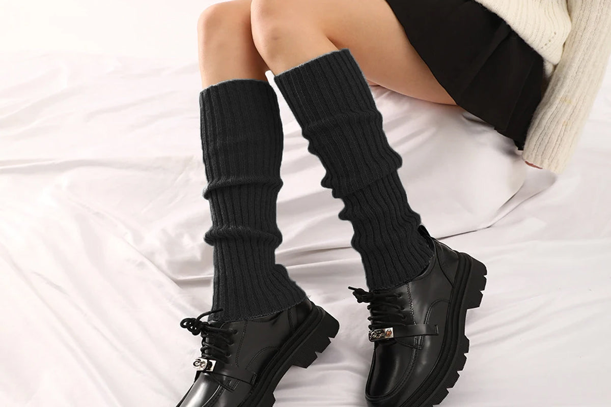 Ribbed Knit Leg Warmers Crochet Long Boot Socks - Black