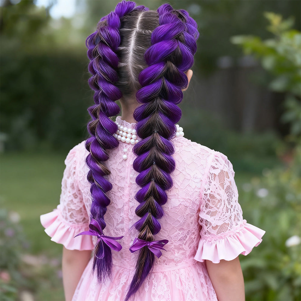 2PCS Purple Ponytail Extensions with Elastic Tie Straight Sleek Wrap Around Braids Purple