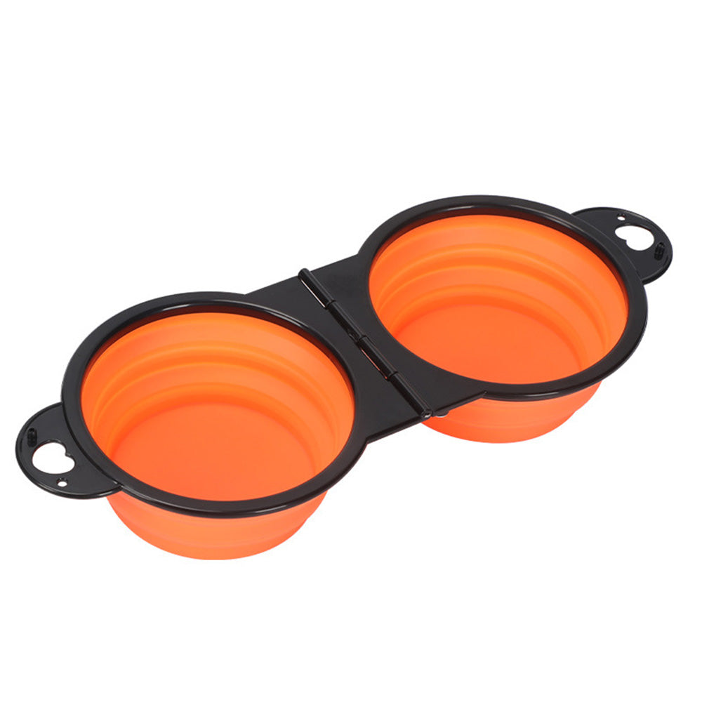 Portable Foldable Dual Pet Bowls for Cats Dogs Outdoor Home Use - Orange