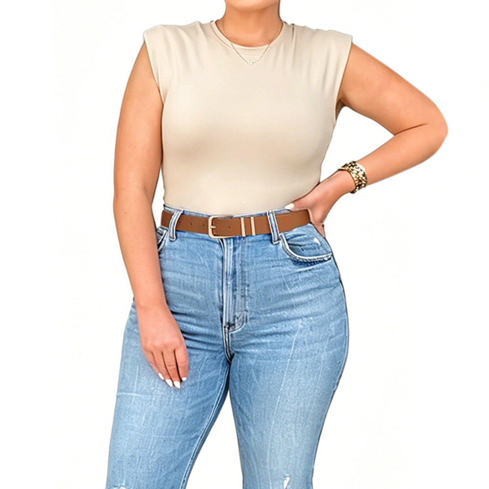 Women PU Leather Waist Belt Gold Pin Buckle Casual Belt for Jeans Dress-Camel
