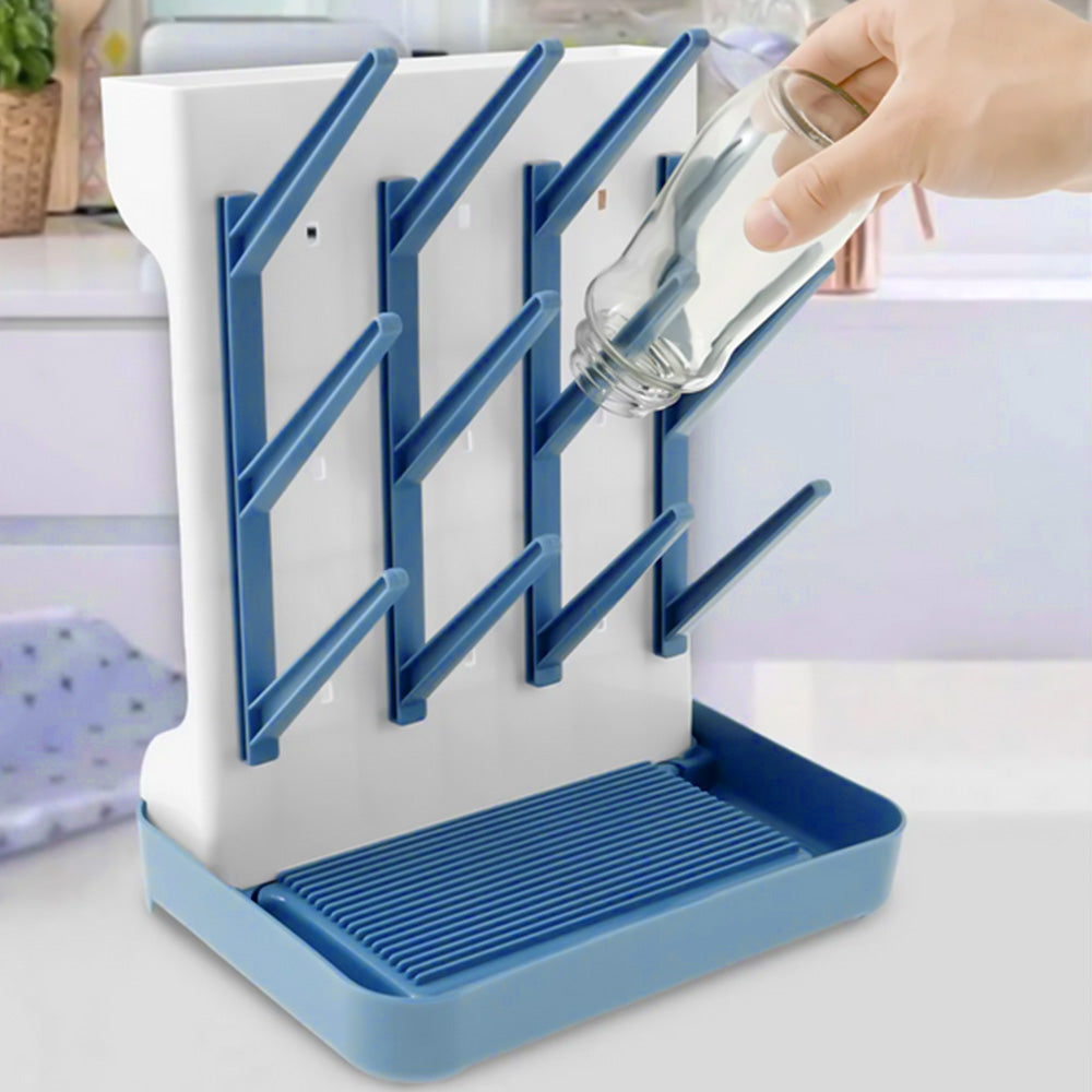Detachable Bottle Drying Rack for 12 Bottles Space Saving Countertop Vertical Rack with Brushes Holder Blue