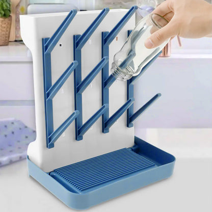 Detachable Bottle Drying Rack for 12 Bottles Space Saving Countertop Vertical Rack with Brushes Holder Blue