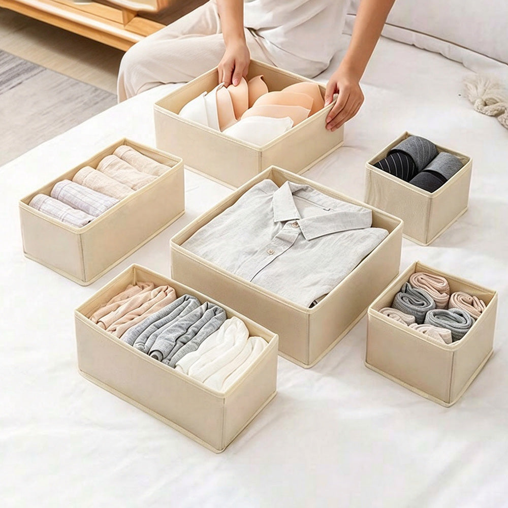 6 Piece Foldable Nonwoven Drawer Organizer Bins with Zippers - Khaki