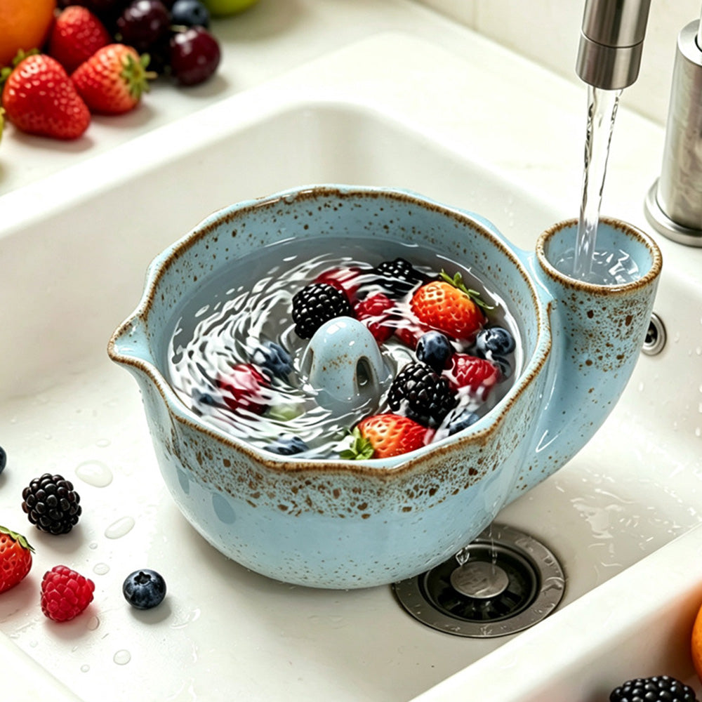 Self-Spinning Ceramic Berry Washing Bowl Set with  2 Fruit Forks - Blue