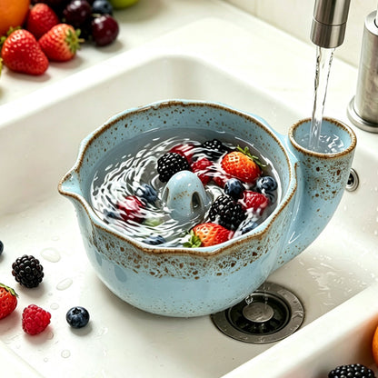 Self-Spinning Ceramic Berry Washing Bowl Set with  2 Fruit Forks - Blue