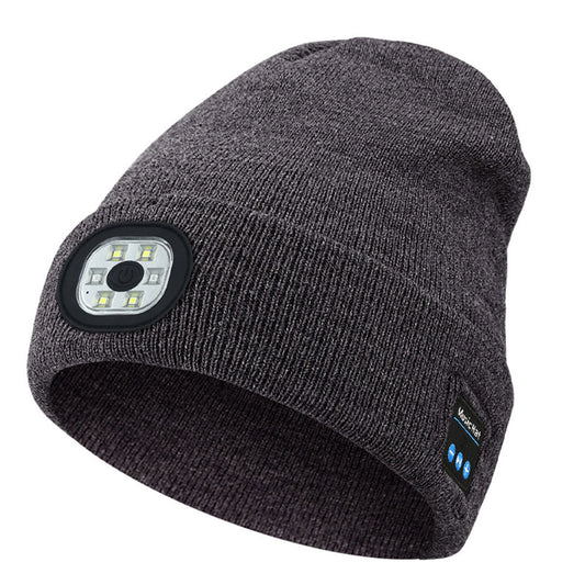 Unisex Wireless Bluetooth Headphone Hat LED Torch Beanies Gray