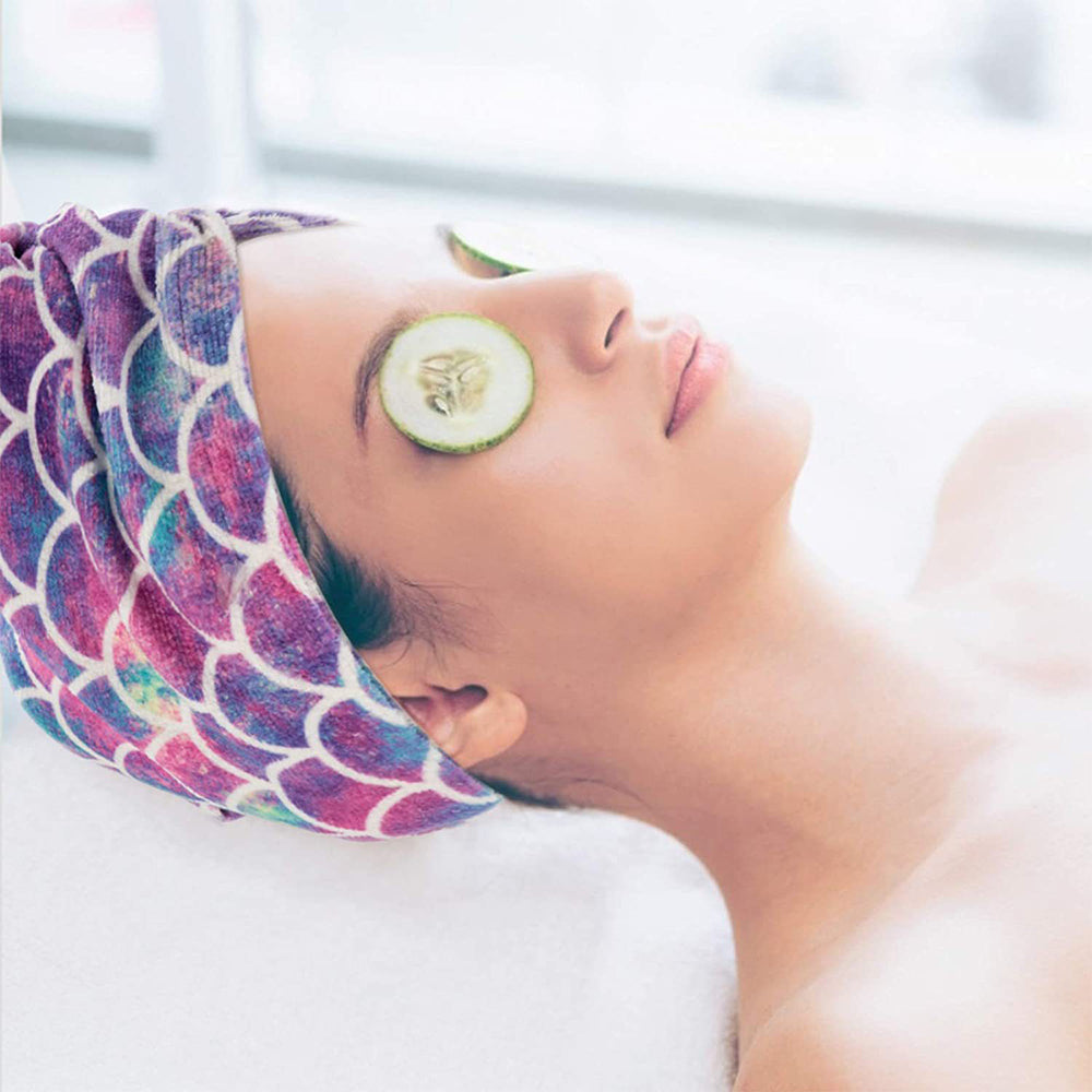 2 Pcs Fish Scales Style Print Microfiber Hair Drying Cap Purple and Pink