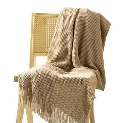 Vintage Knitted Throw Blanket with Tassels-Camel
