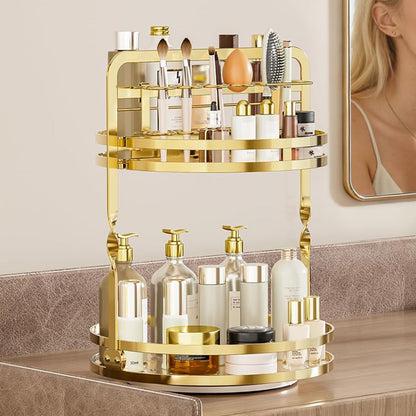 Rotating Makeup Organizer Double Layer with Brush Holder for Skincare Perfume-Gold