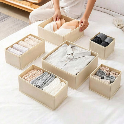 6Pcs Foldable Drawer Organiser Set Underwear Bra Sock Storage Boxes Khaki