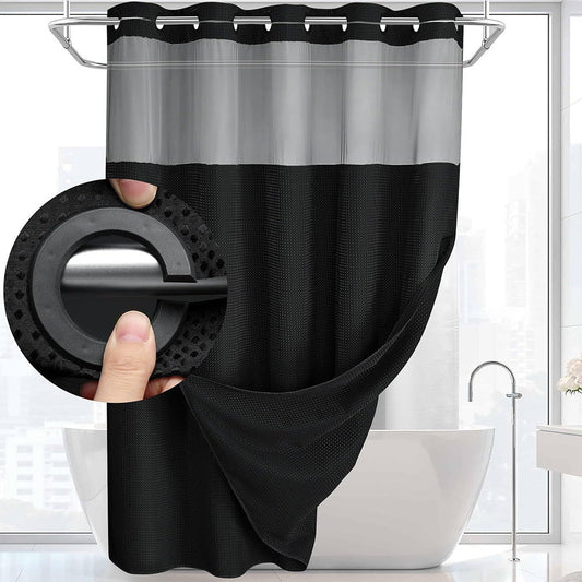 No Hook Shower Curtain with Snap in Fabric Liner Set Waffle Textured Shower Curtain for Bathroom Black