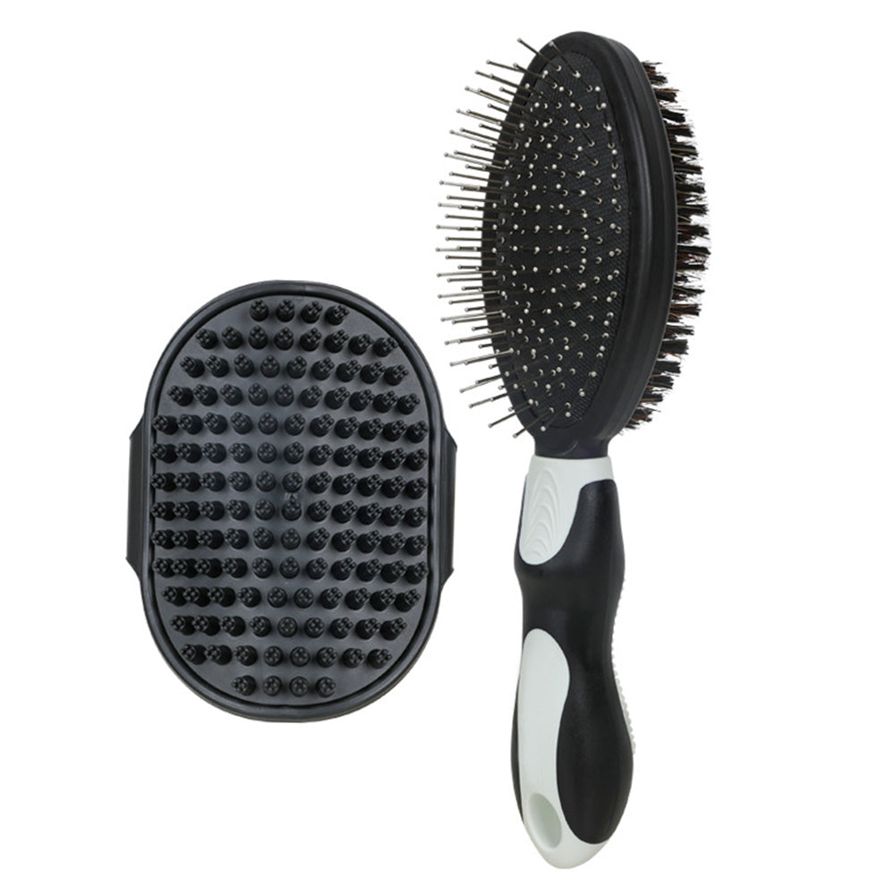2 Pack Pet Grooming Brush Set Deshedding Double Sided Comb Massage Brush for Cats Dogs Horses-Black