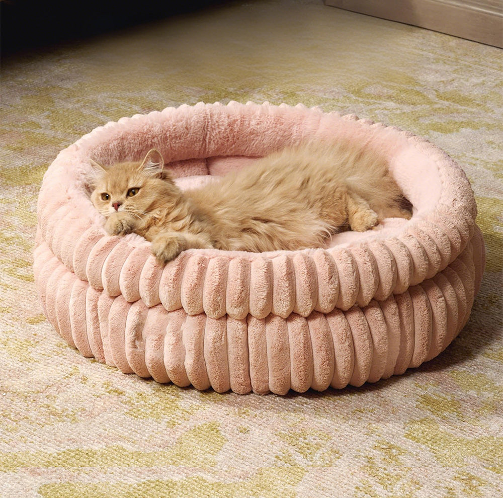 Donut Plush Pet Dog Cat Bed Fluffy Soft Warm Nest for Indoor Cats Small Dogs-Pink