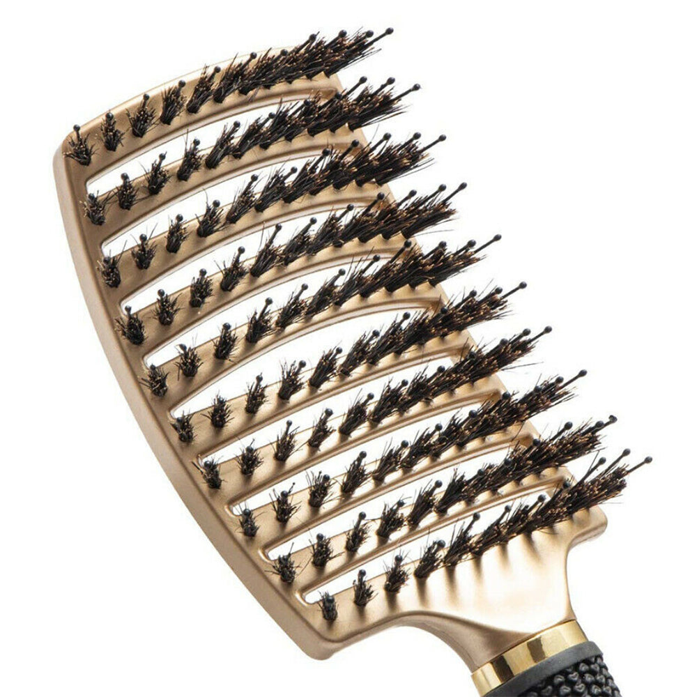 Detangle Nylon Boar Bristle Brush Head Scalp Massage Comb For Fine Hair-Gold