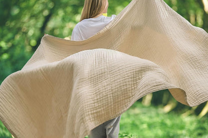 Cotton Muslin Blanket Breathable Soft Muslin Throw Blanket for Adults -Beige