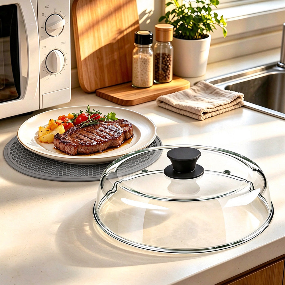 Microwave Glass Splatter Cover with Silicone Trivet Dual Vents - Grey