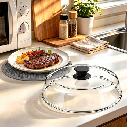 Microwave Glass Splatter Cover with Silicone Trivet Dual Vents - Grey