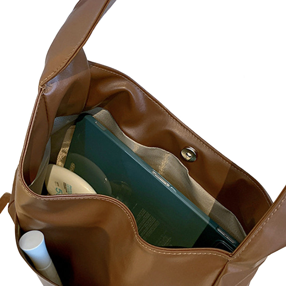 PU Leather Work Shoulder Bag Large Tote Bags for Women Bucket Handbag Brown