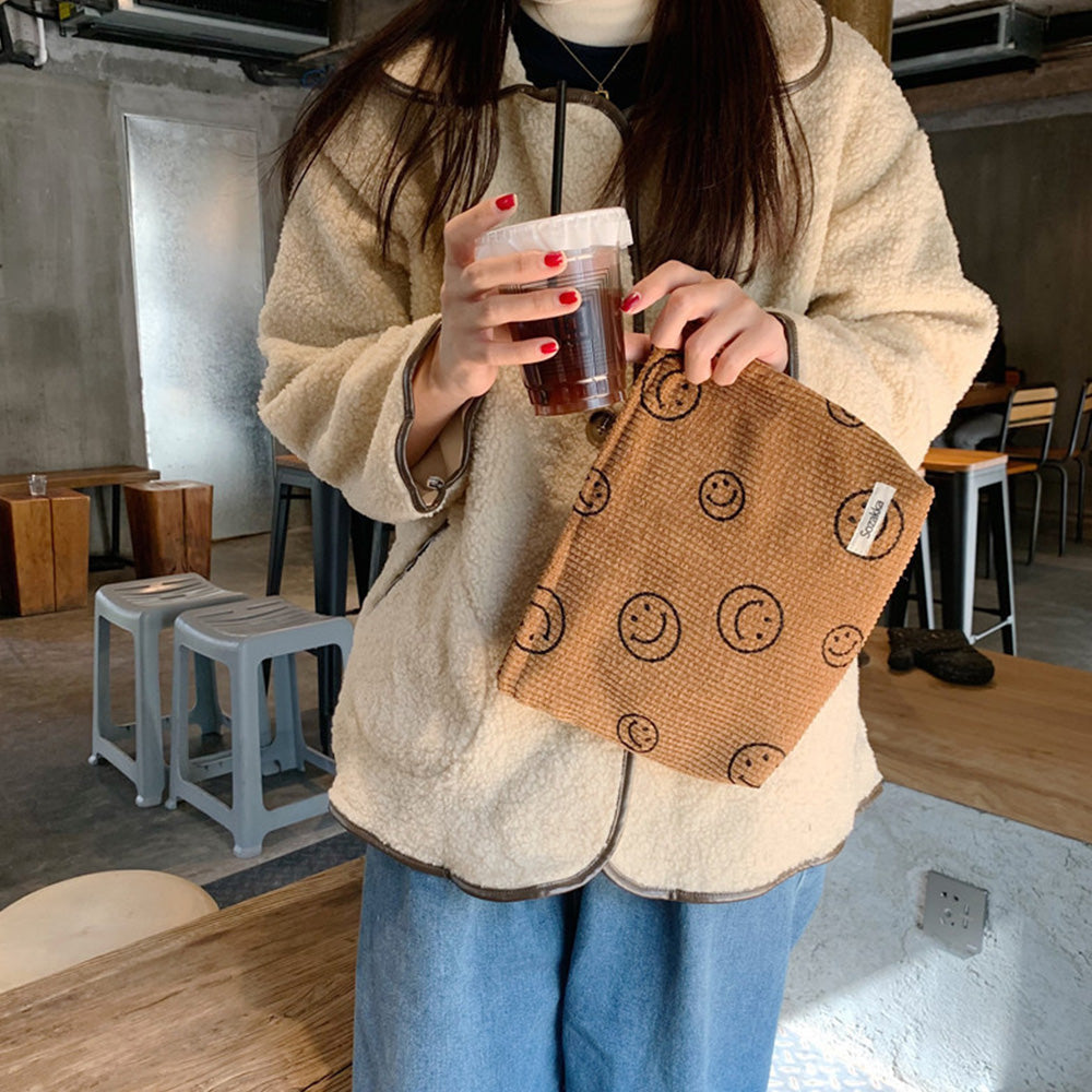 Corduroy Makeup Bag Cute Smile Dots Face Case Handbag with Zipper for Women Brown