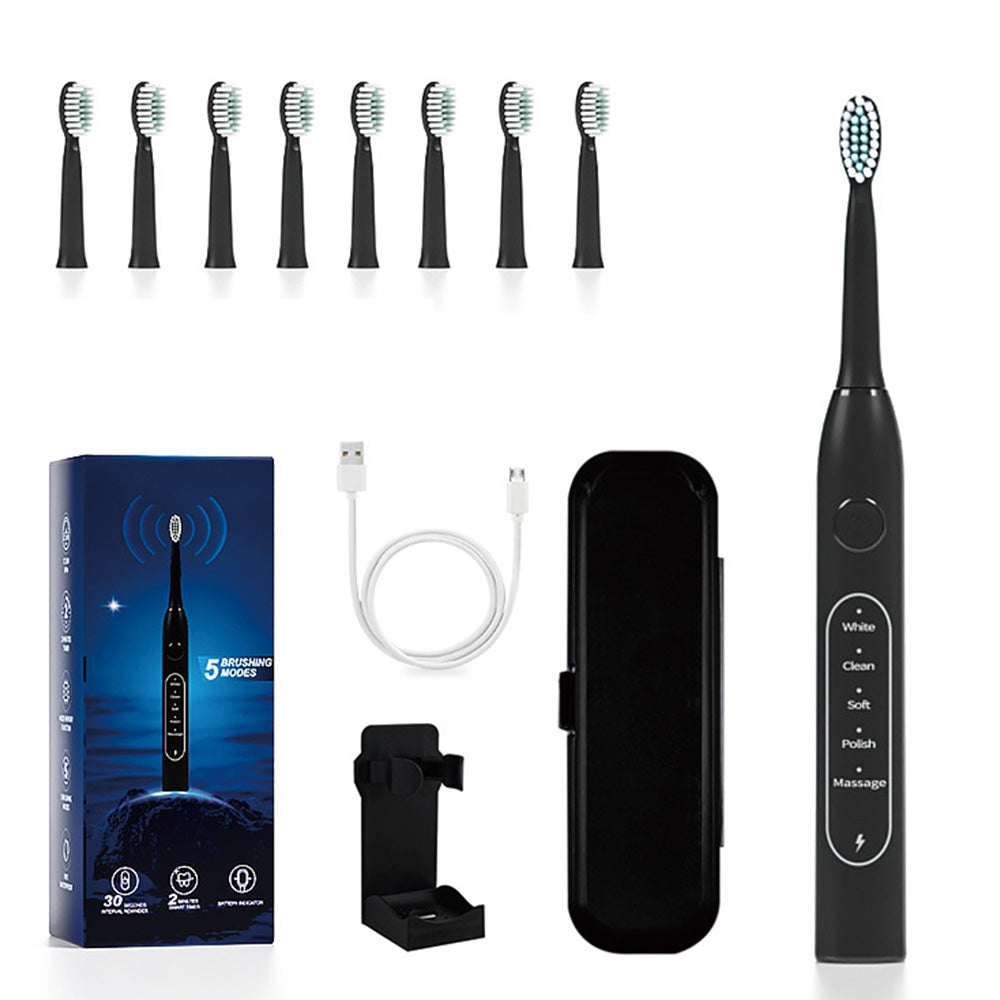 Sonic Electric Toothbrush with 8 Soft Wave Brush Heads Black