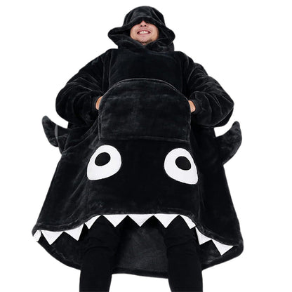 Shark Hoodie Blanket Cartoon Sleeping Wearable Adult Throw Blanket Black