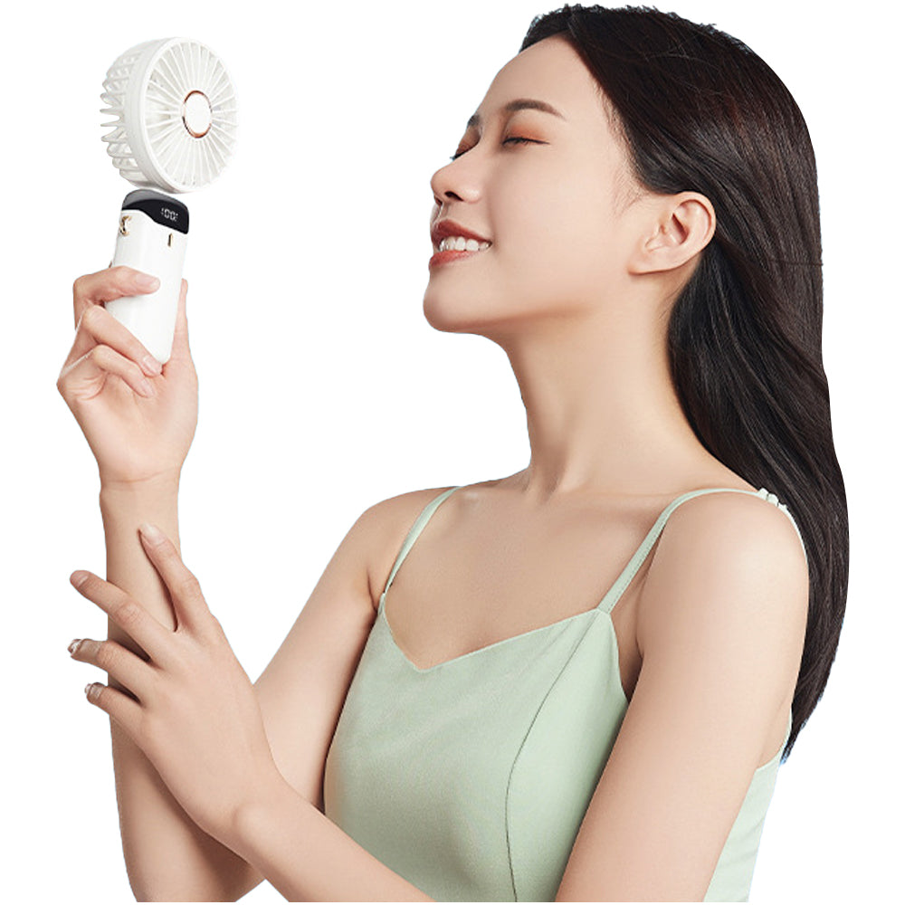 3-in-1 5 Speed USB Handheld Fan Mini Folding Digital Display Fan with Lanyard and Base White