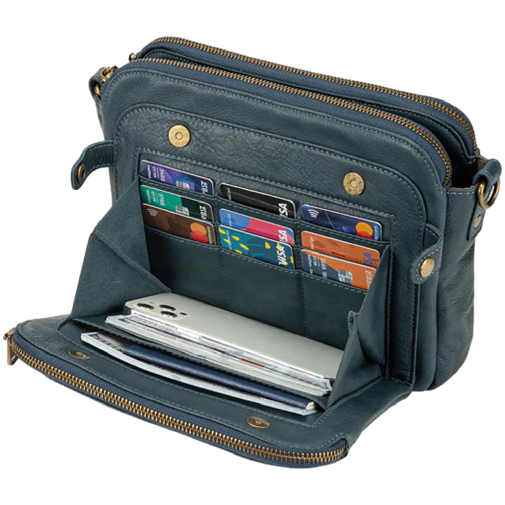 Women PU Leather Crossbody Bag Multifunctional Three Layer Purse Shoulder Bag Tote Blue