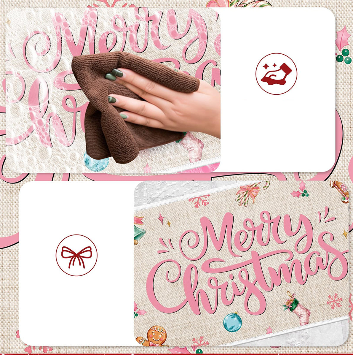 3 Piece Christmas Kitchen Floor Mat Set - Pink Christmas Tree