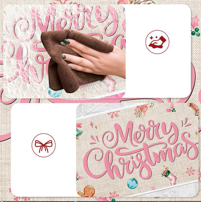3 Piece Christmas Kitchen Floor Mat Set - Pink Christmas Tree