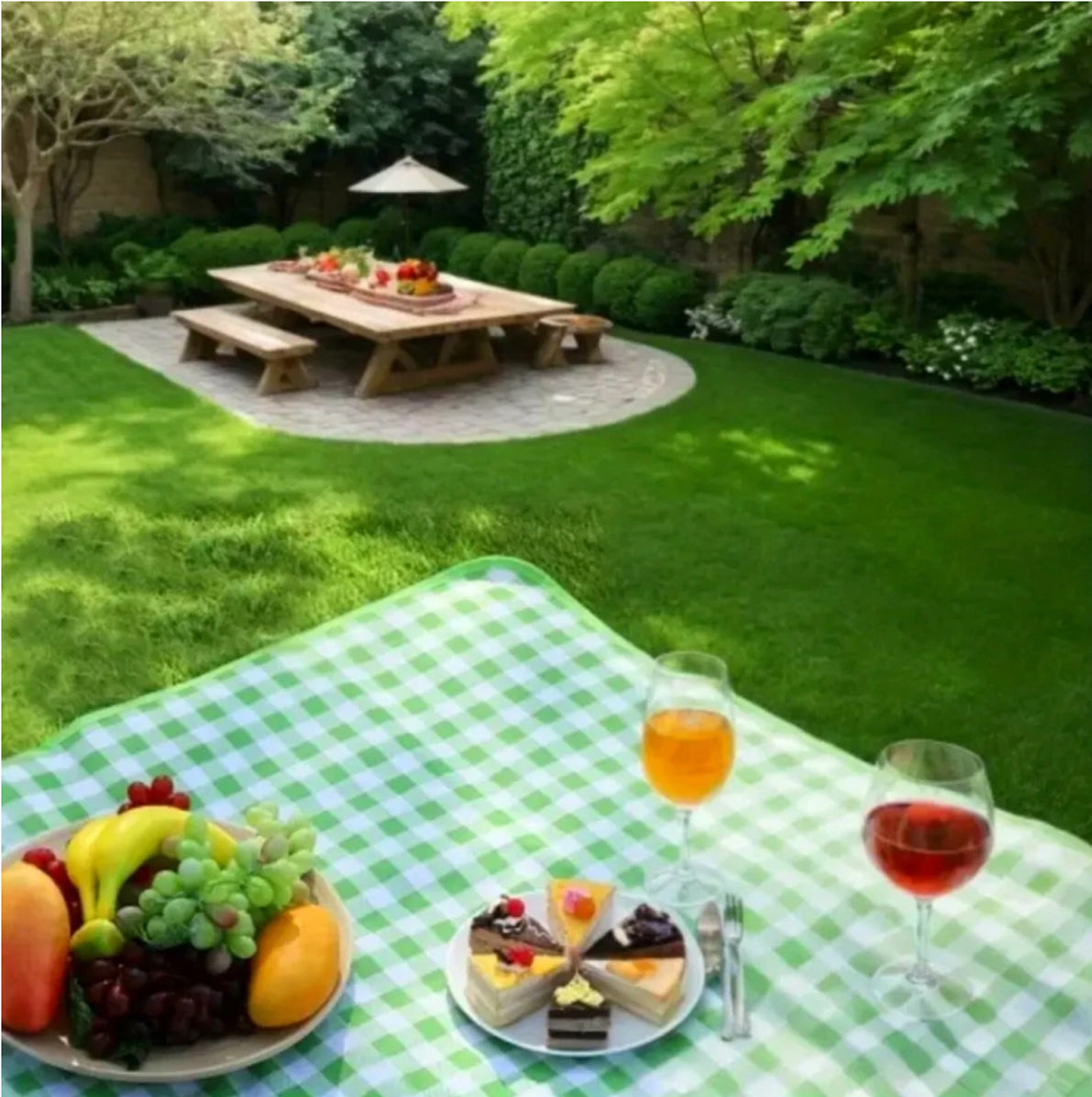 Oxford Picnic Blanket Roll Up Portable Camping Mat - Green Plaid