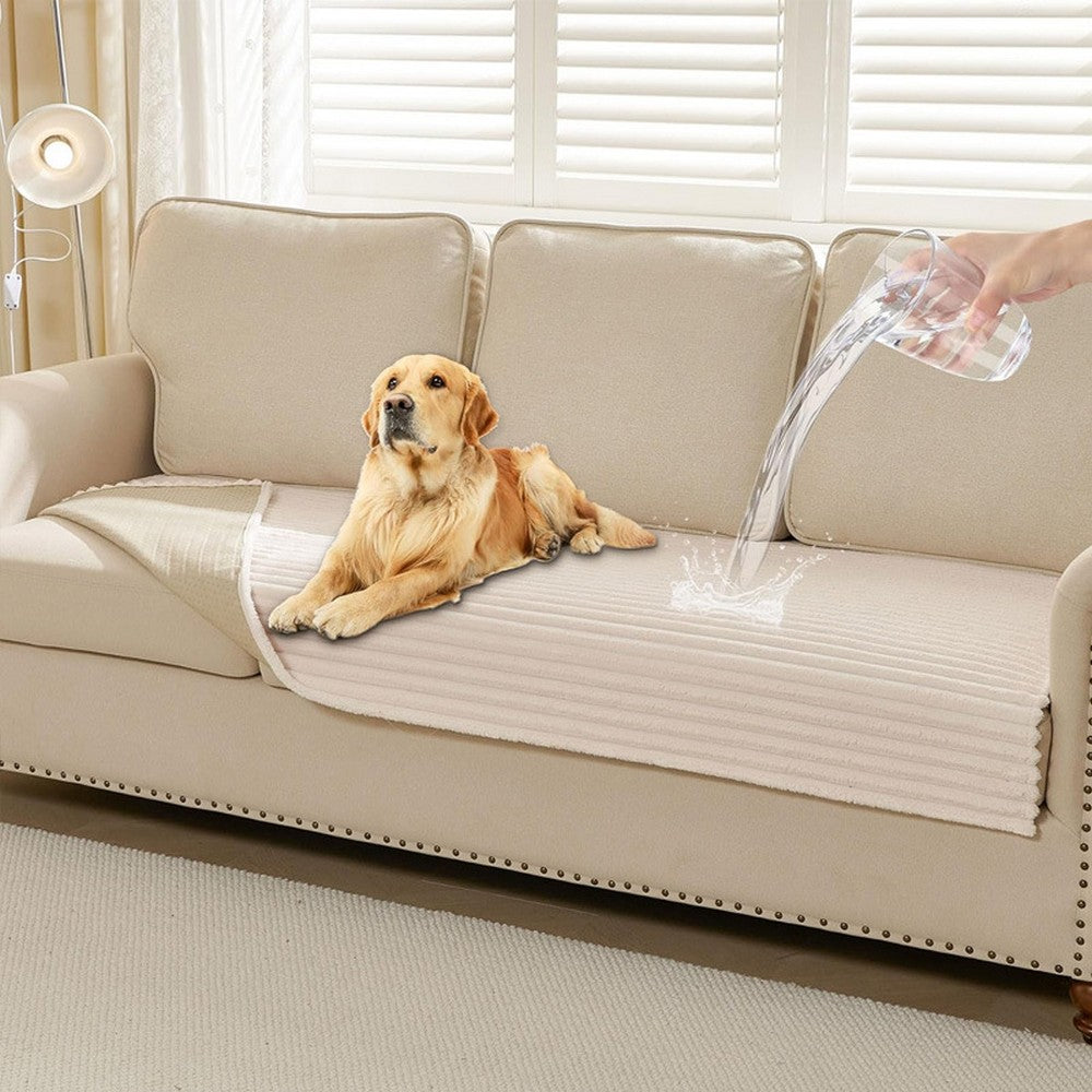 Waterproof Couch Cover for Dogs Washable Faux Fur Pet Couch Covers for Sofa-Beige