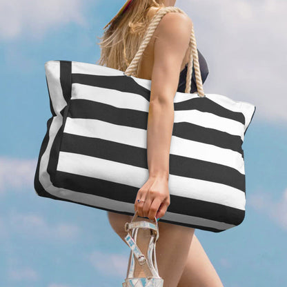 Large Striped Zipper Beach Tote Bag for Travel & Outdoor Vacations Black