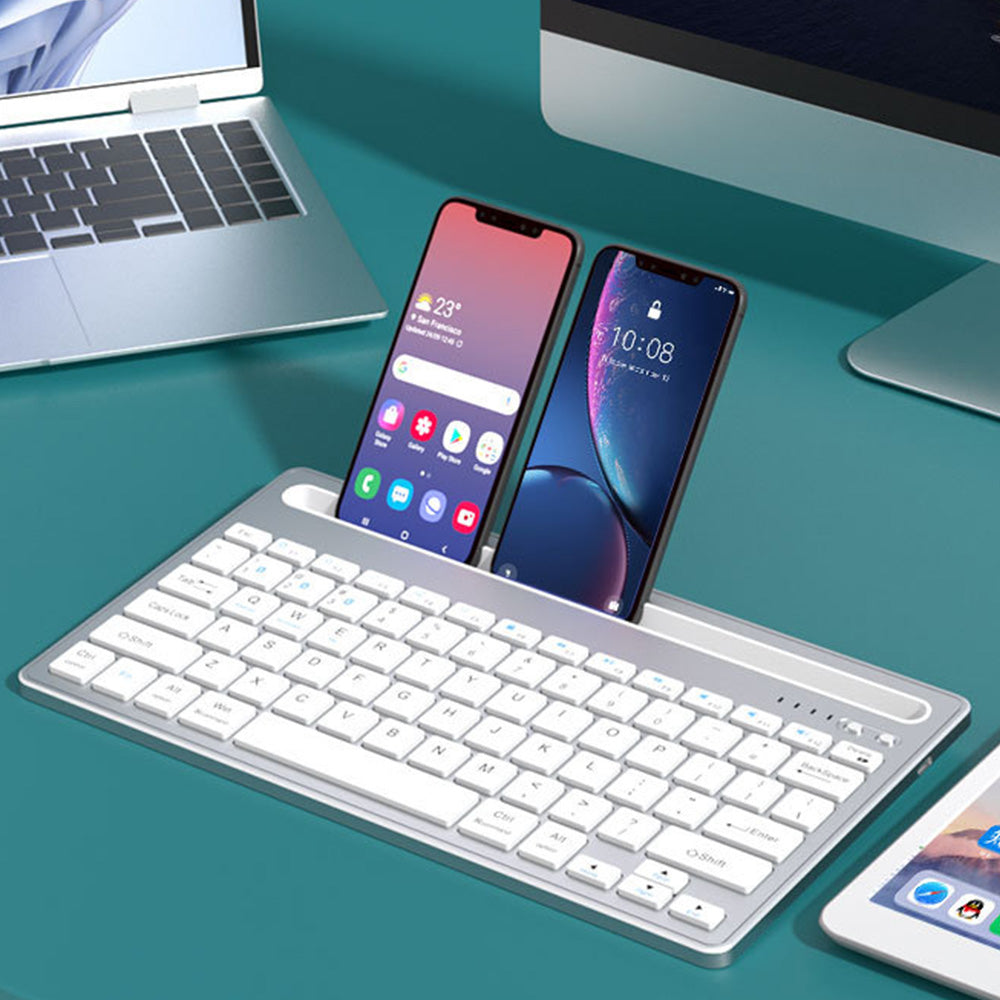 Wireless Keyboard with Phone and Tablet Stand for Windows MacOS iOS iPad-Silver