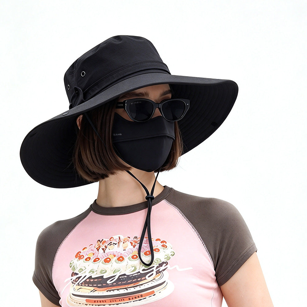 Foldable Wide Brim UV Sun Hat with Wind Strap for Fishing Hiking - Black