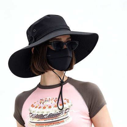 Foldable Wide Brim UV Sun Hat with Wind Strap for Fishing Hiking - Black