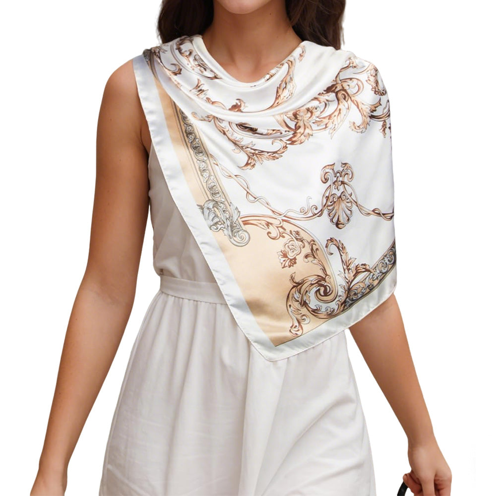 90cm Square Head Scarf Printed Satin Hair Scarf Bandanas for Women-Beige