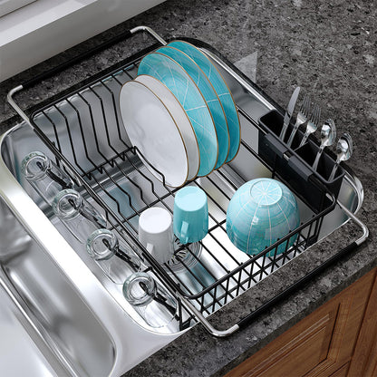 Expandable Over Sink Dish Drying Rack Stainless Steel with Utensil Holder Black
