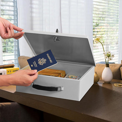 Fireproof Document Box with Key Lock Secure Lock Boxes for Documents Jewelry Cash White