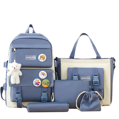 5Pcs Backpack Set for Girls with Tote Bag for Primary Elementary High School-Blue