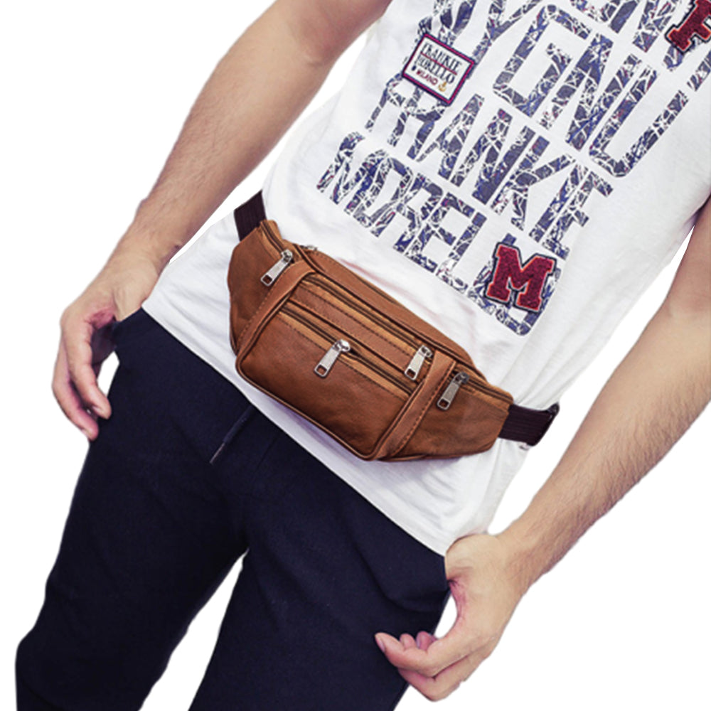 Multi-pocket Fanny Pack Leather Waist Bag Bum Bag Brown