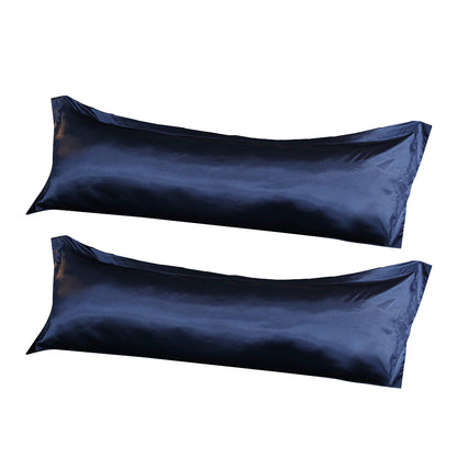 2Pcs Bedsure Satin Cooling And Silky Long Double Pillow Cover With Envelope Closure-Navy Blue